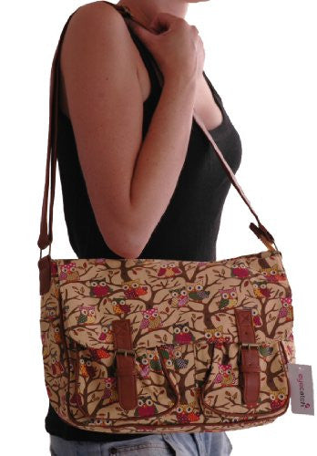 Womens Canvas Satchel Owl Messenger Shoulder Bag Black EYECATCH.COM