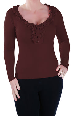 Classic Ruffle  Neck Fitted Pullover