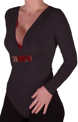 V Neck Long Sleeve Gold Belted Leotard