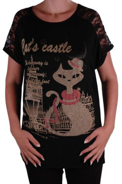 Cat Graphic Lace Tunic Top