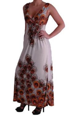 Peacock Print Grecian V Neck Maxi Dress