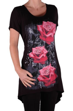 Tulip Long Draped Rose Print Plus Size Short Sleeve Tops