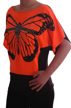Two Tone Butterfly Pattern Boat Neck Neon Blouse