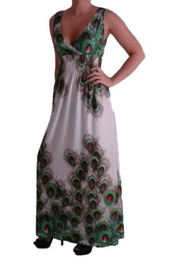 Peacock Print Grecian V Neck Maxi Dress
