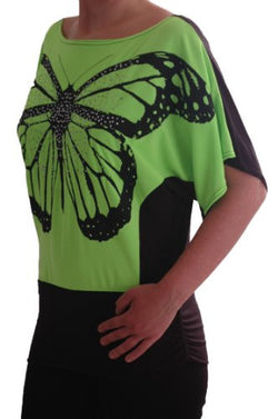 Two Tone Butterfly Pattern Boat Neck Neon Blouse