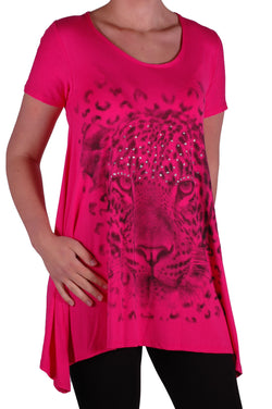 EyeCatch Plus - Ladies Graphic Tiger Long Draped Womens Sparkle Short Sleeve Stretch Top Sizes 14 - 28