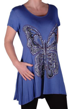 EyeCatch Plus - Butterfly Motif Long Womens Short Sleeve Loose Stretch Ladies Top Sizes 14 - 28