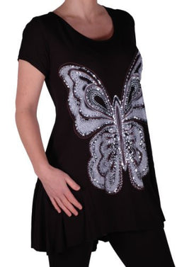 EyeCatch Plus - Butterfly Motif Long Womens Short Sleeve Loose Stretch Ladies Top Sizes 14 - 28