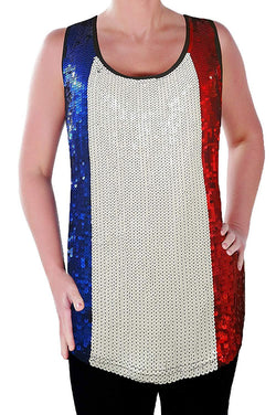 Womens France Paris Tricolor Sequin Vest Top Flag Blue White Red