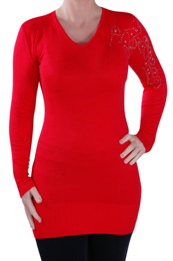 V Neck Knitted Long Sleeve Studded Jumper