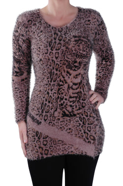 Leopard Print Knitted Scoop Neck Long Sleeve Jumper