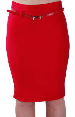 Knee Length Belted Plain Pencil Skirt