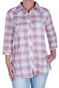 Checkered 3/4 Sleeve Collared Plus Size Shirt