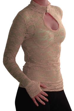 EyeCatch - Ladies Turtle Neck Long Sleeve Fitted Floral Lace Keyhole Top One Size Beige