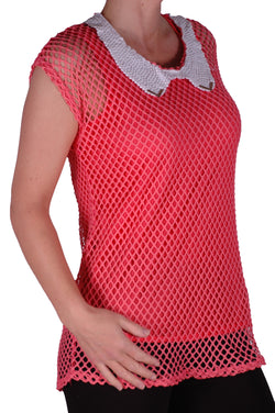 EyeCatch - Talitha Womens Crochet Knit Top with Vest One Size Coral
