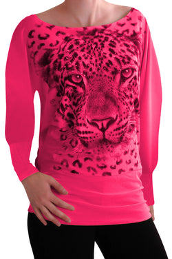 Long Sleeve Boat Neck Tiger Print Blouse
