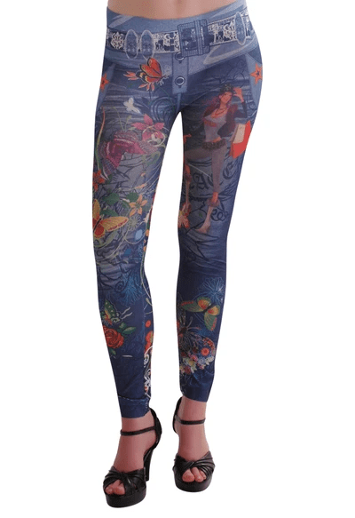 Womens Designer Graphic Printed Full Length Elasticated Stretch Pants 