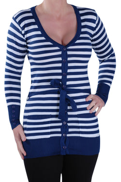 Striped Belted Fine Knit Cardigan