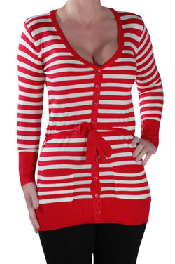 Striped Belted Fine Knit Cardigan